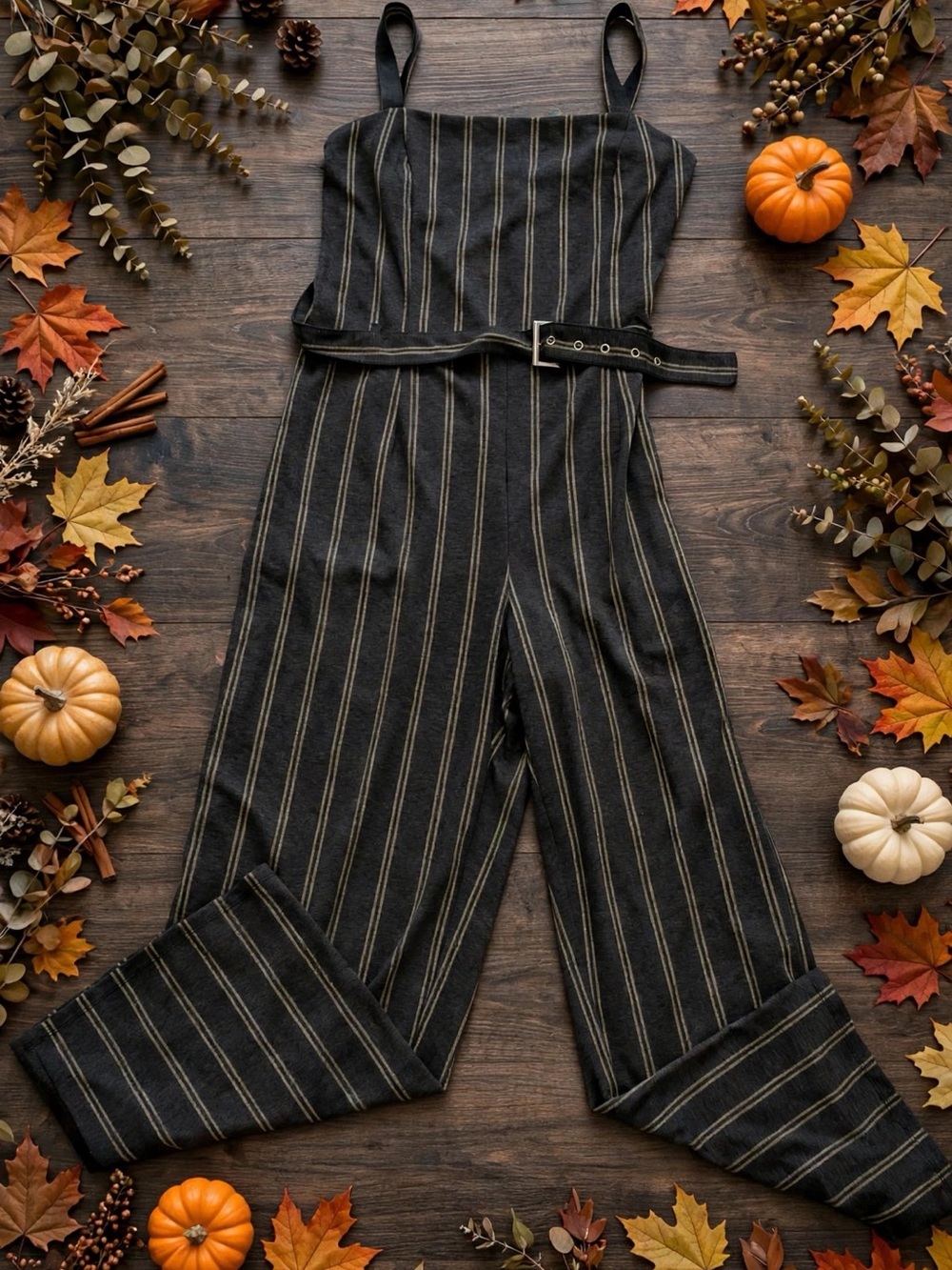 No Boundaries Black Pinstripe Wide-Leg Jumpsuit with Belt